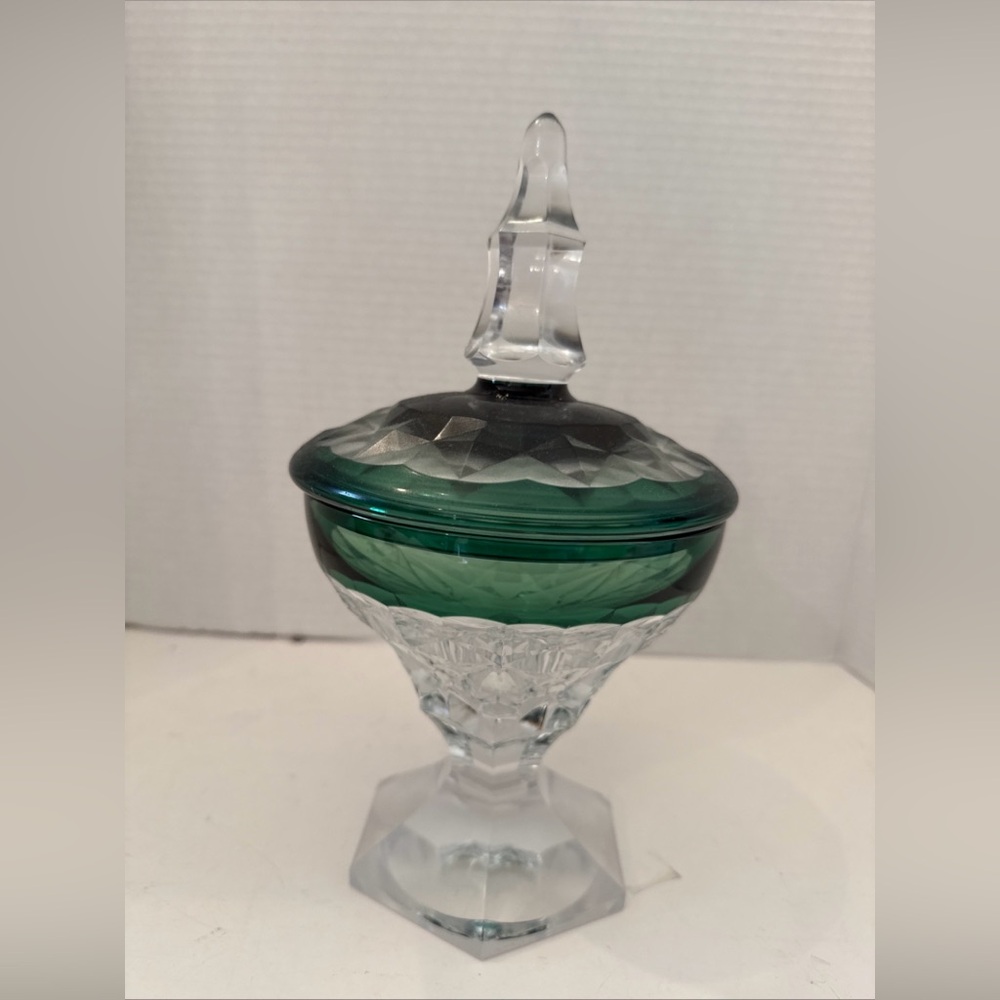 RARE Val St. Lambert Crystal Candy Jar 10" Emerald Footed Lid, High Spire SIGNED